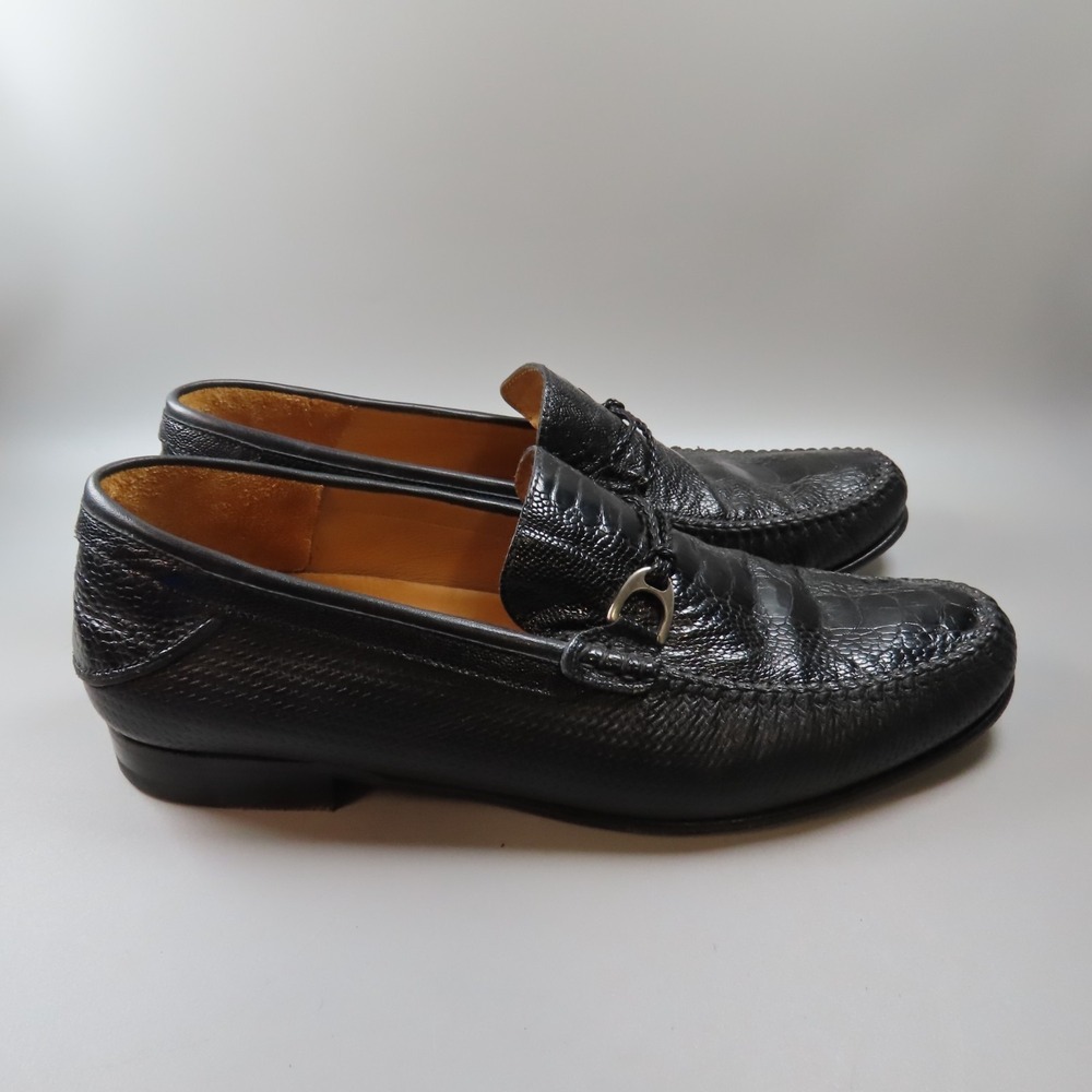 Mezlan Vesta Ostrich Leg and‎ Woven Calfskin Moc Toe Bit Strap Loafers Black 10